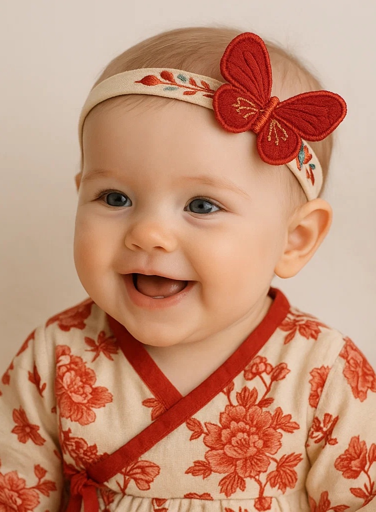 Traditional Butterfly Baby Headband with Tassel and Red Flower – Handmade