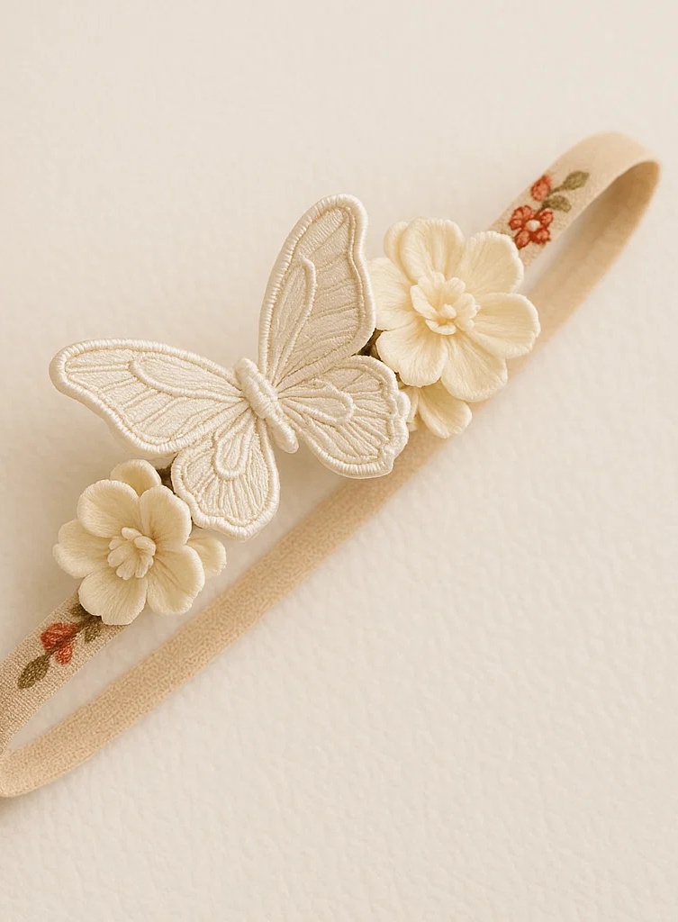 Elegant Beige Butterfly Baby Headband with Floral Embroidery