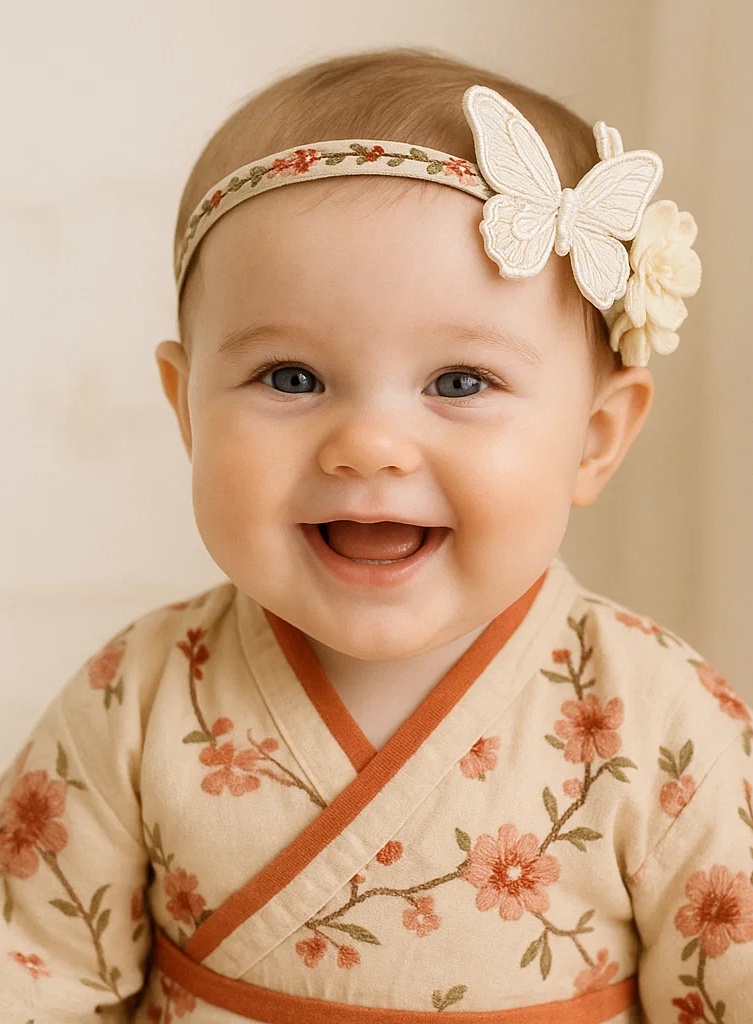 Elegant Beige Butterfly Baby Headband with Floral Embroidery