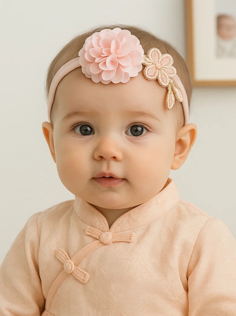 Bandeau bébé élégant rose à fleurs – Accessoire cheveux élastique doux