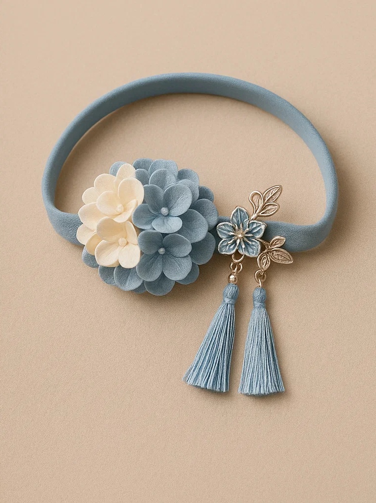 Elegant Blue Floral Baby Headband with Tassels – Soft Elastic Hair Accessory