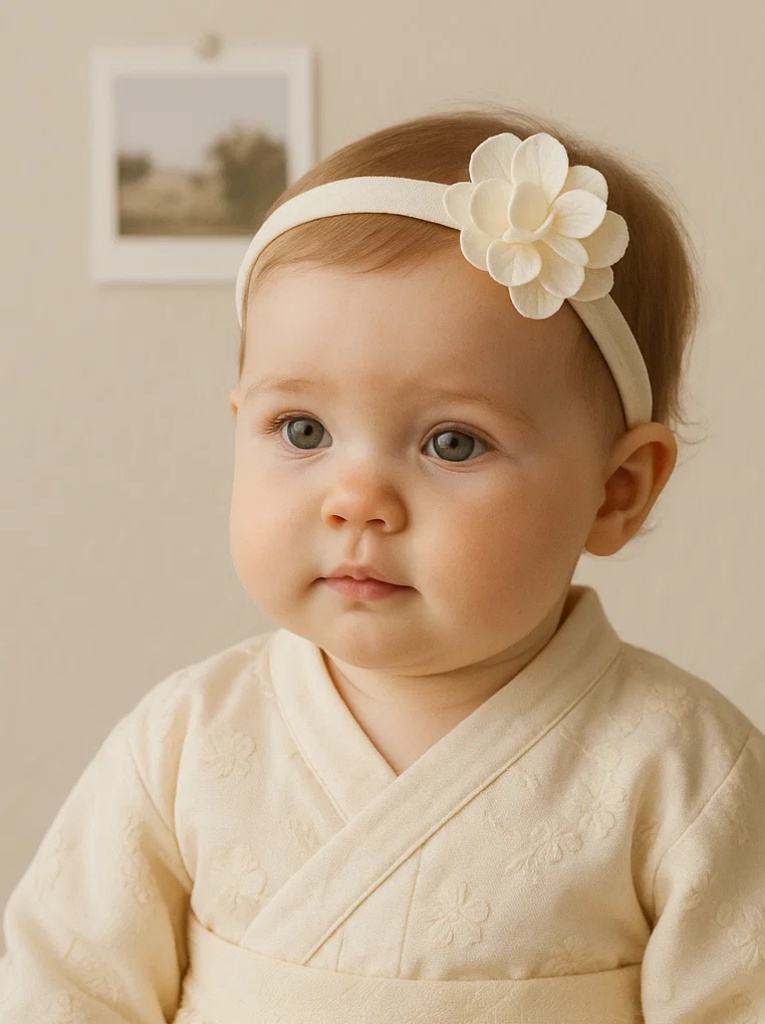 Diadema elegante para bebé con flor color crema – Accesorio de cabello elástico suave para recién nacida