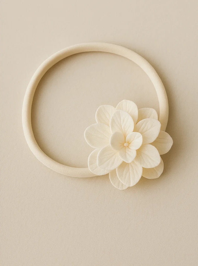 Diadema elegante para bebé con flor color crema – Accesorio de cabello elástico suave para recién nacida