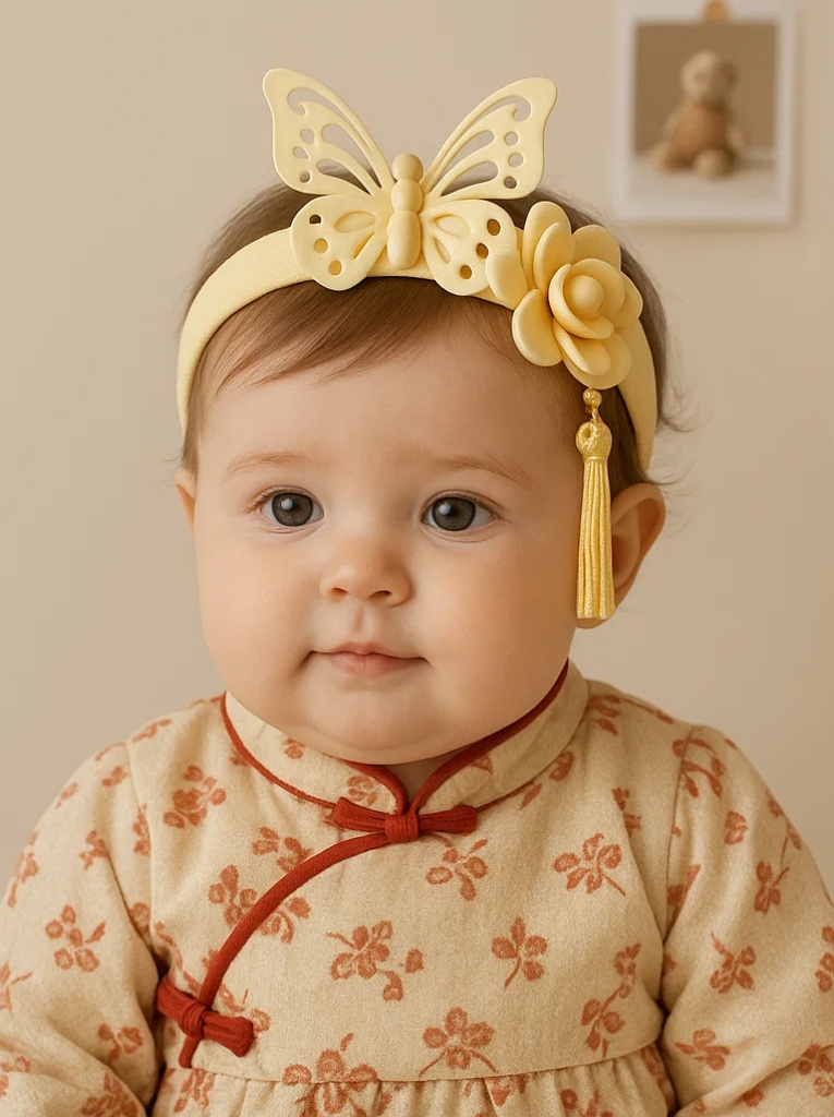 Yellow Butterfly & Flower Plush Baby Headband – Soft Elastic Infant Hairband