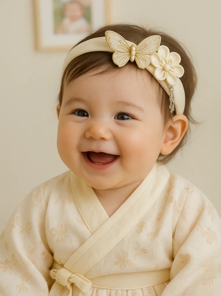Cream Butterfly & Flower Baby Headband – Soft Plush Elastic Newborn Hairband
