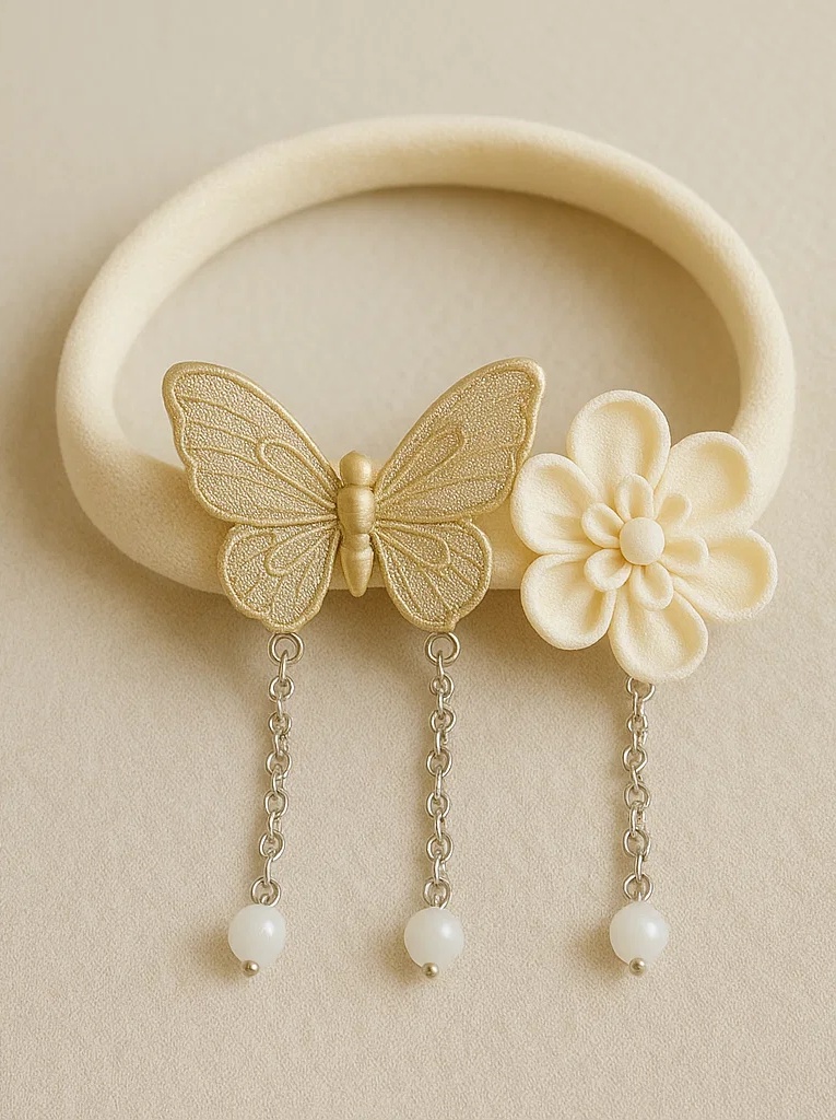 Cream Baby Headband with Gold Butterfly and Pearl Chain Dangles