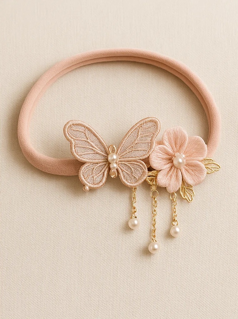 Elegant Butterfly & Flower Baby Headband with Pearl Chains – Soft Pink Newborn Accessory