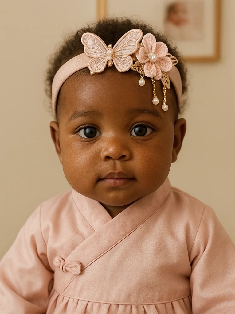 Elegant Butterfly & Flower Baby Headband with Pearl Chains – Soft Pink Newborn Accessory