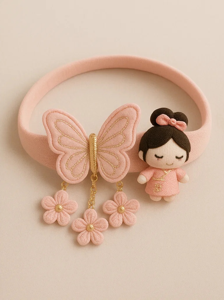 Bandeau bébé élégant avec papillon et fleur ornés de chaînes de perles – Accessoire rose doux pour nouveau-né