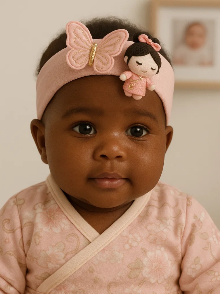 Bandeau bébé élégant avec papillon et fleur ornés de chaînes de perles – Accessoire rose doux pour nouveau-né