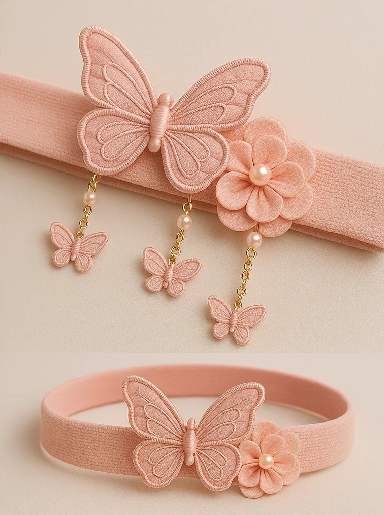 Diadema elegante para bebé con mariposa y flor con cadenas de perlas – Accesorio rosa suave para recién nacida