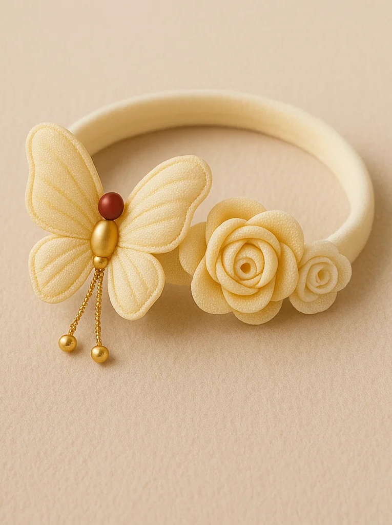 Gold Butterfly & Pearl Flower Baby Headband – Elegant Soft Plush Newborn Hairband
