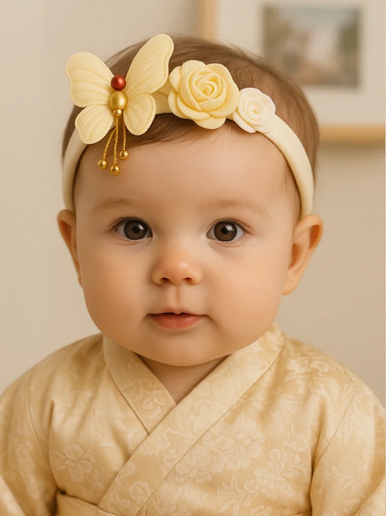 Gold Butterfly & Pearl Flower Baby Headband – Elegant Soft Plush Newborn Hairband
