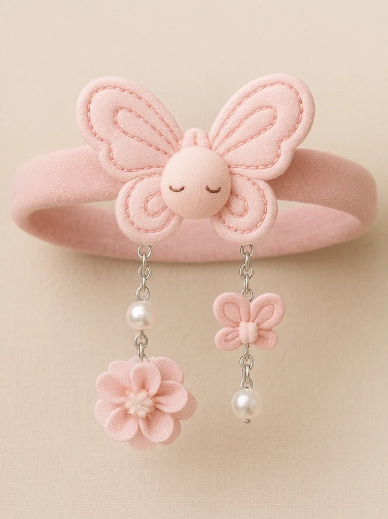 Bentita elegantă pentru bebeluși cu fluture și floare cu lanțuri de perle – Accesoriu roz moale pentru nou-născuți