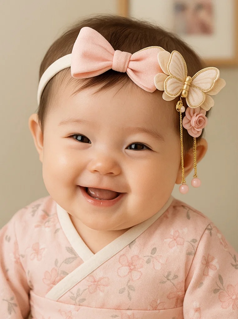 Pink Bow & Butterfly Baby Headband – Soft Plush Hairband with Dangling Beads