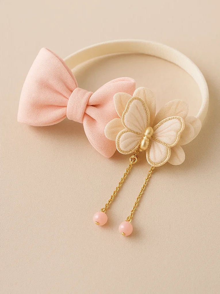 Pink Bow & Butterfly Baby Headband – Soft Plush Hairband with Dangling Beads