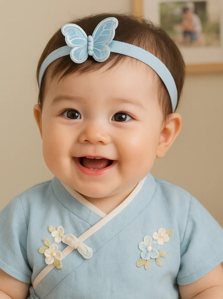 Diadema azul cielo para bebé con mariposa, borlas y bordado floral