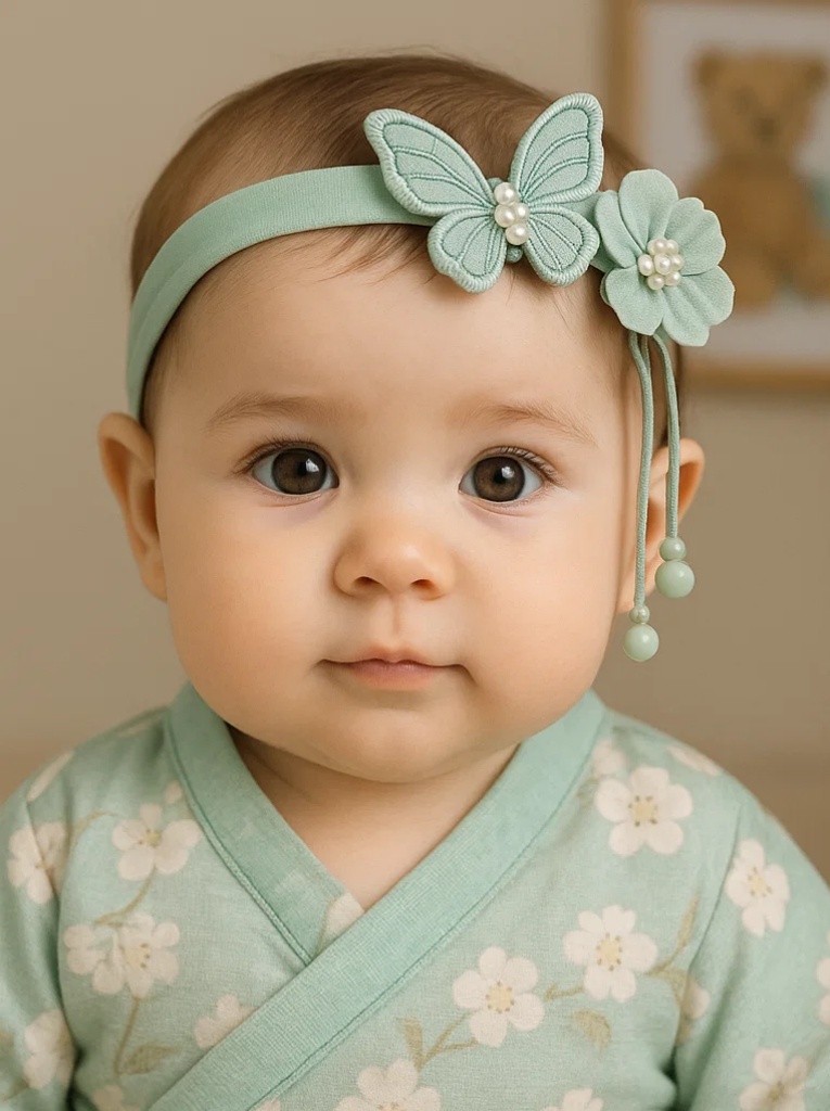 Mint Green Baby Headband with Embroidered Butterfly and Flower