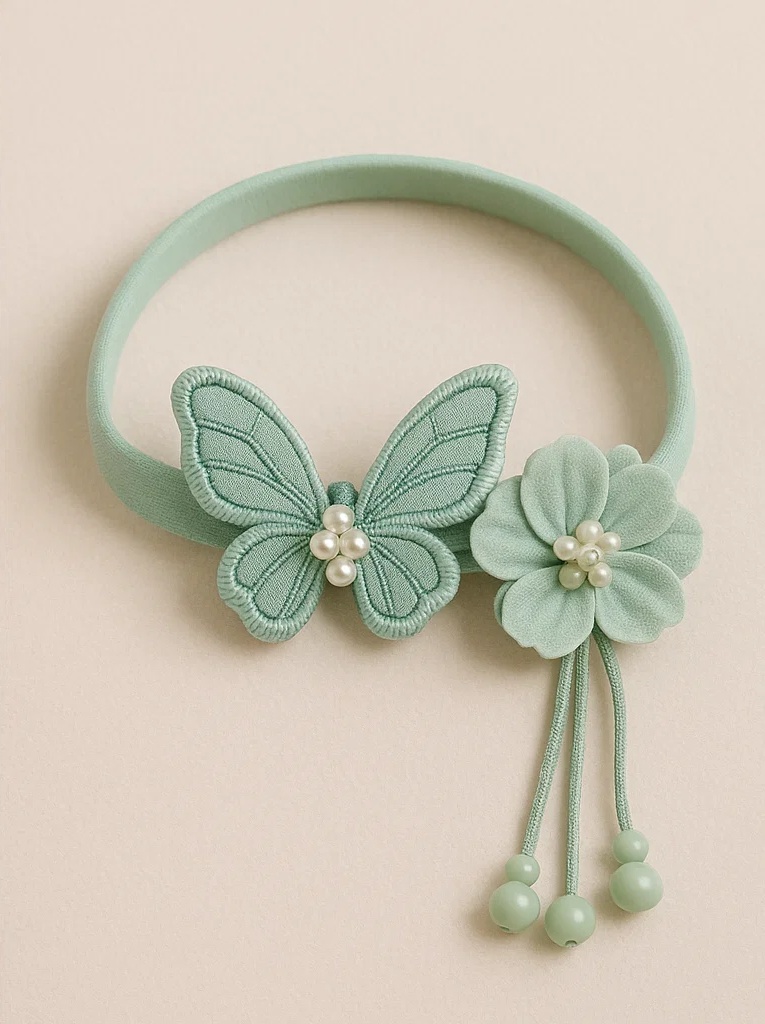 Mint Green Baby Headband with Embroidered Butterfly and Flower