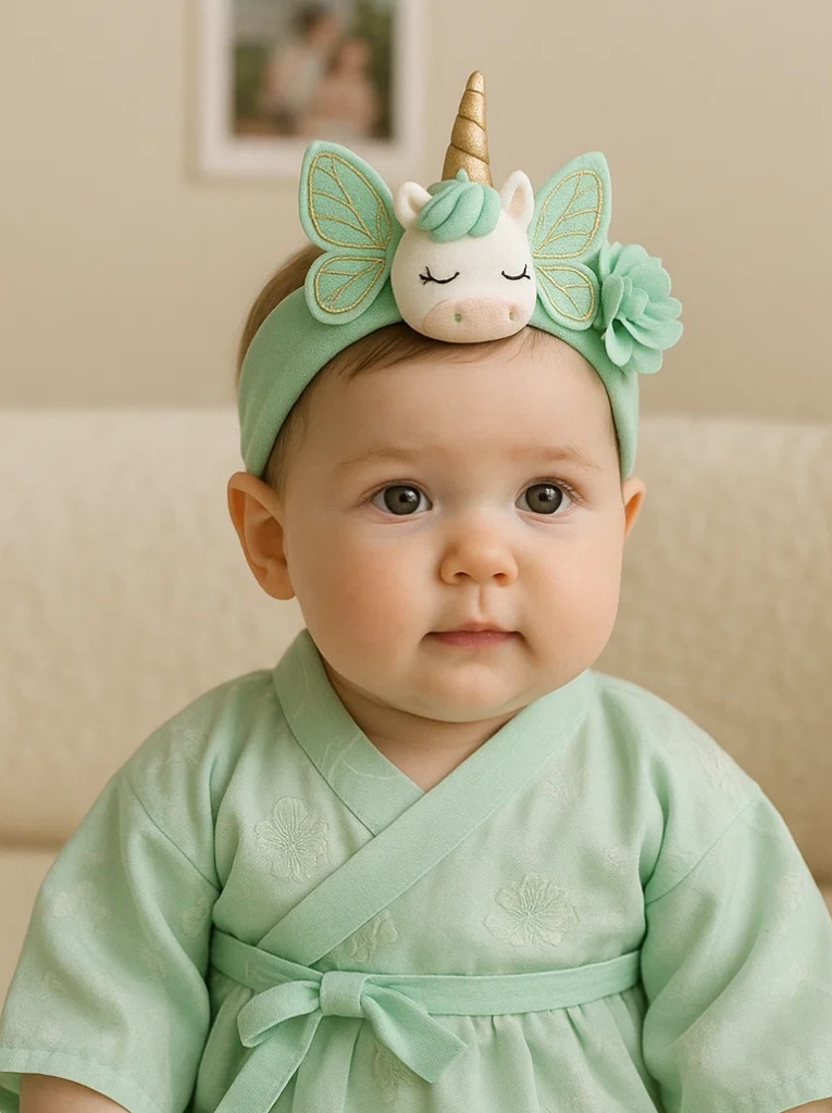 Mint Unicorn Baby Headband – Soft Plush Hairband with 3D Wings and Flower