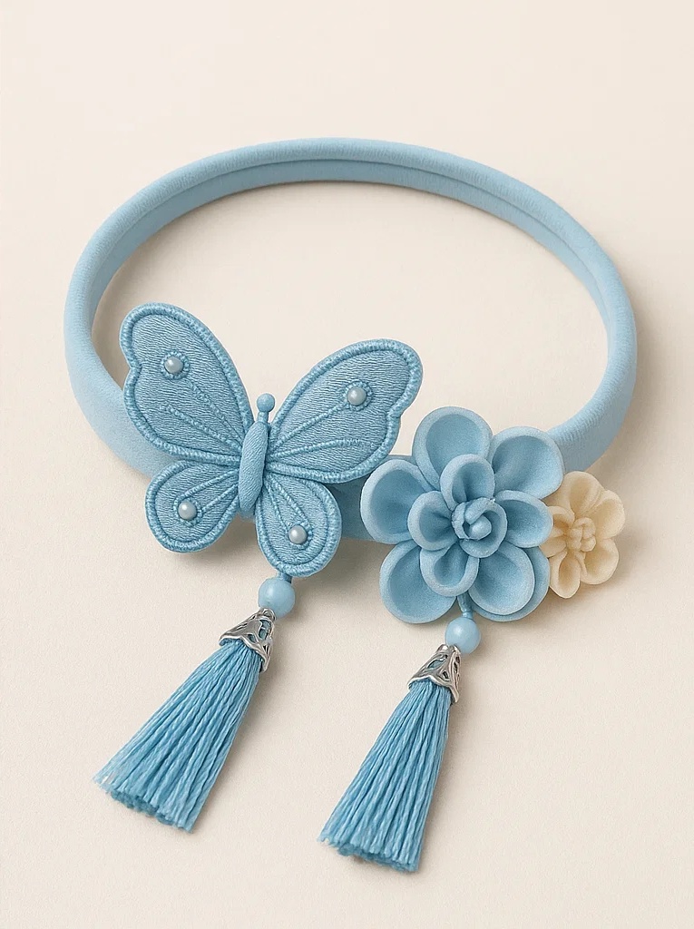 Bentiță bleu pentru bebeluși cu fluture, ciucuri și broderie florală