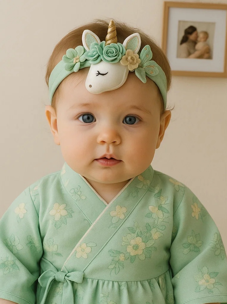 Mint Unicorn Baby Headband with Butterfly & Flower – Soft Plush Newborn Hairband