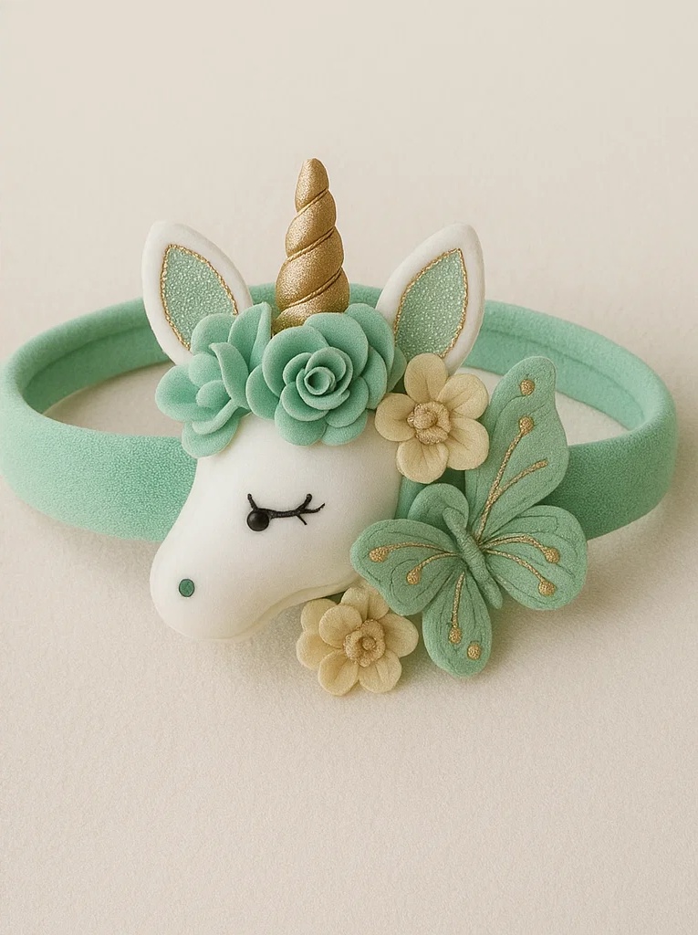 Mint Unicorn Baby Headband with Butterfly & Flower – Soft Plush Newborn Hairband
