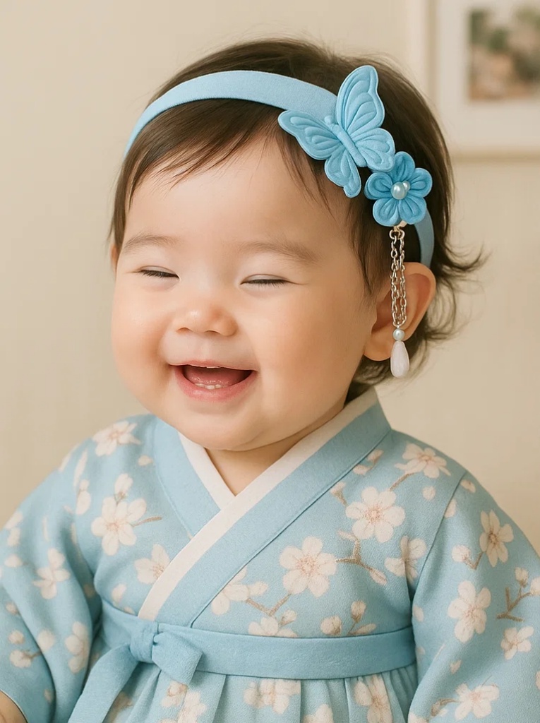 Sky Blue Butterfly Baby Headband – Soft Plush Hairband with Flowers and Chain Drop