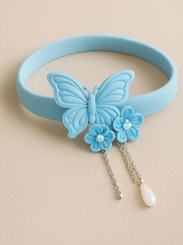 Sky Blue Butterfly Baby Headband – Soft Plush Hairband with Flowers and Chain Drop