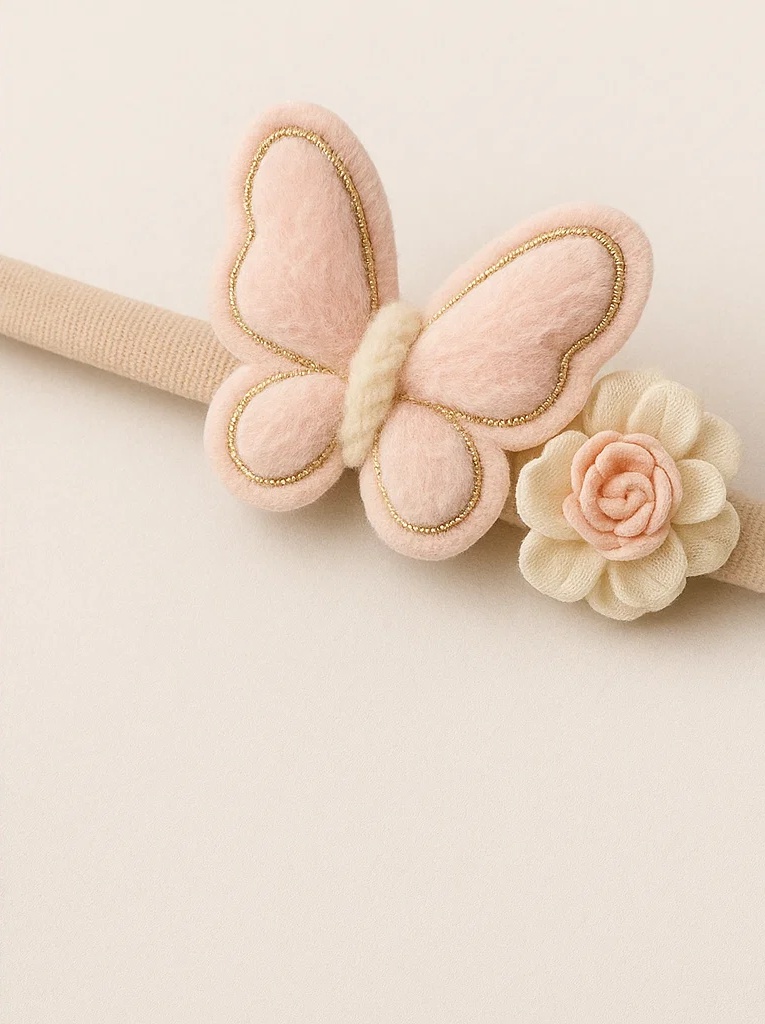 Tiara Elegante para Bebê com Borboleta e Flor com Correntes de Pérolas – Acessório Rosa Suave para Recém-Nascido