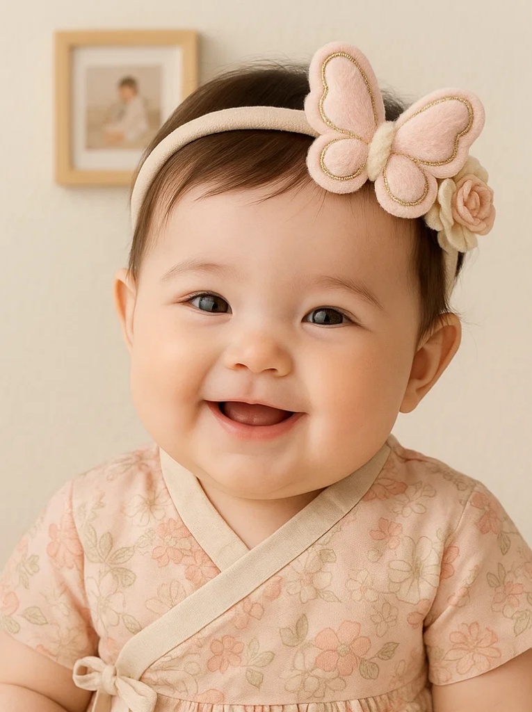 Tiara Elegante para Bebê com Borboleta e Flor com Correntes de Pérolas – Acessório Rosa Suave para Recém-Nascido