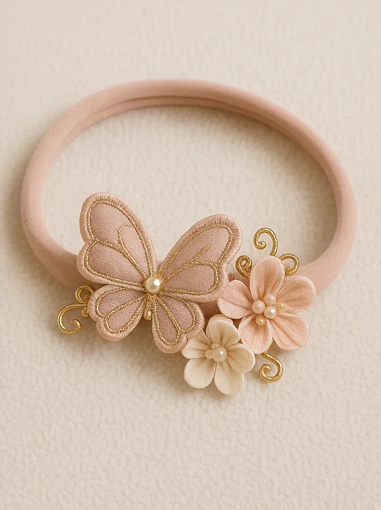Elegantes Baby-Stirnband mit Schmetterling und Blume mit Perlenketten – Weiches rosa Neugeborenen-Accessoire