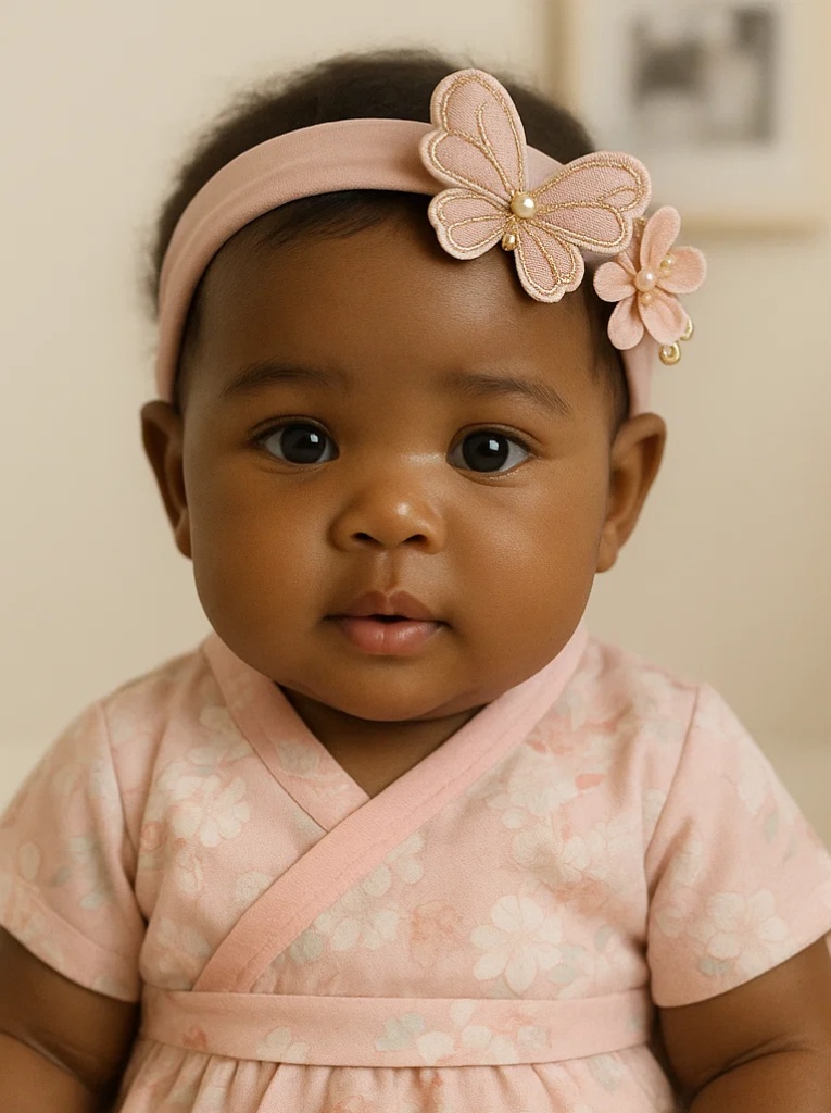 Elegantes Baby-Stirnband mit Schmetterling und Blume mit Perlenketten – Weiches rosa Neugeborenen-Accessoire