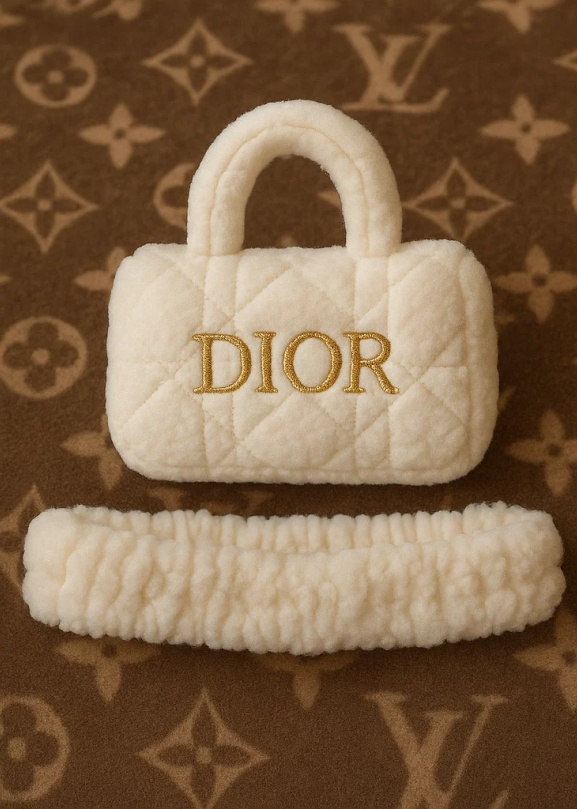 Dětská čelenka Dior ve stylu šedého monogramu z plyše | Dívčí čelenka s designovou mini kabelkou