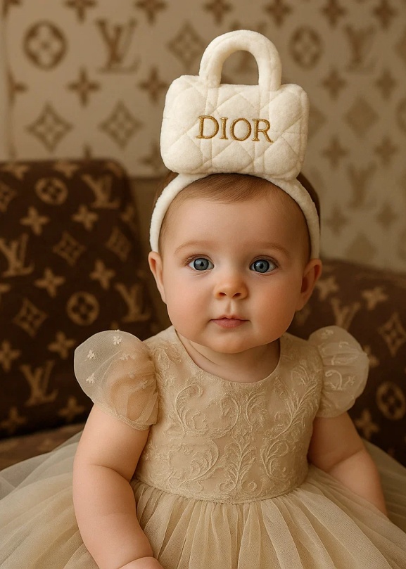 Dětská čelenka Dior ve stylu šedého monogramu z plyše | Dívčí čelenka s designovou mini kabelkou
