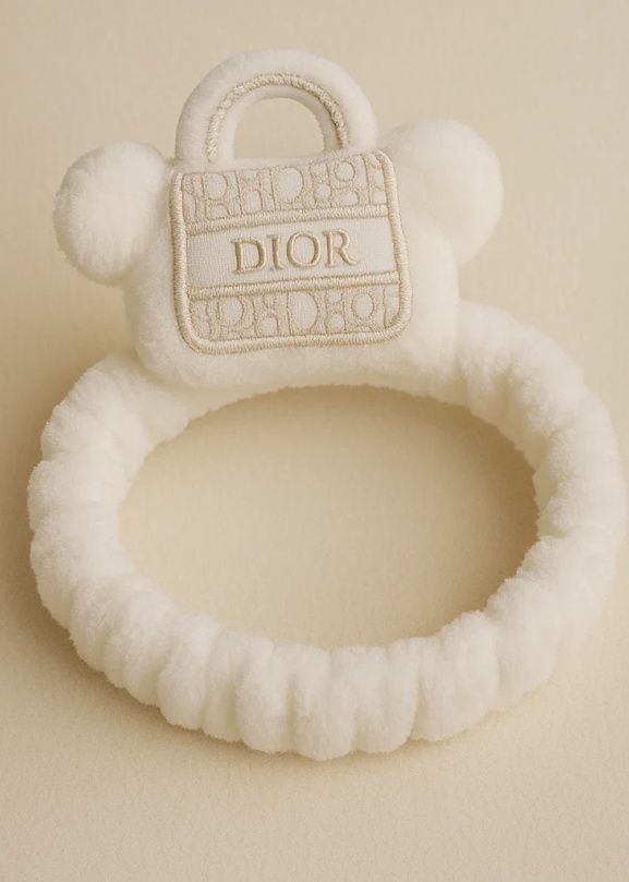 Bandeau bébé en peluche gris à monogramme Dior | Bandeau fille avec mini sac à main de créateur