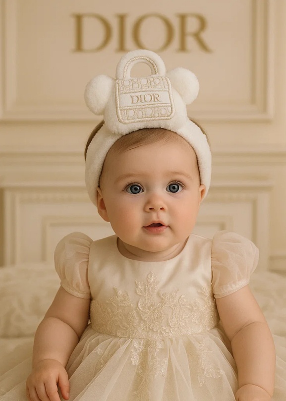 Bandeau bébé en peluche gris à monogramme Dior | Bandeau fille avec mini sac à main de créateur