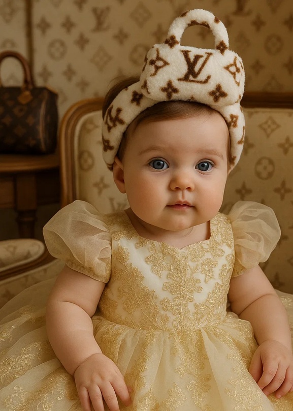 Luxury LV-Inspired Plush Baby Headband with Mini Handbag Design