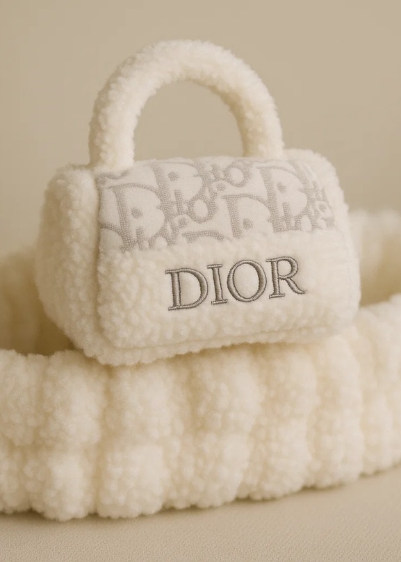 Tiara de bebê em pelúcia com monograma cinza inspirada na Dior | Faixa de cabelo feminina com mini bolsa designer