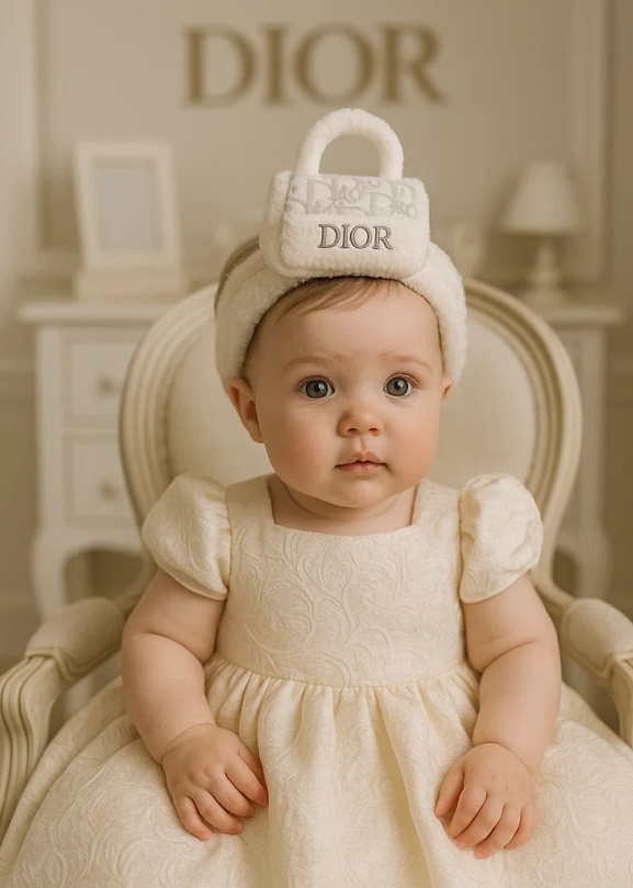 Tiara de bebê em pelúcia com monograma cinza inspirada na Dior | Faixa de cabelo feminina com mini bolsa designer