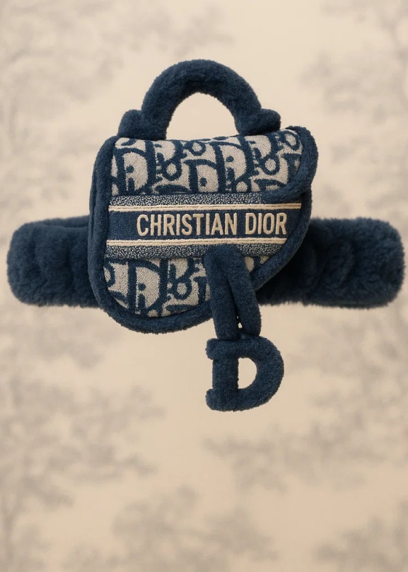 Dior-Inspired Navy Blue Plush Baby Headband with Classic Saddle Bag Design