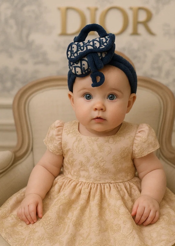 Dior-Inspired Navy Blue Plush Baby Headband with Classic Saddle Bag Design