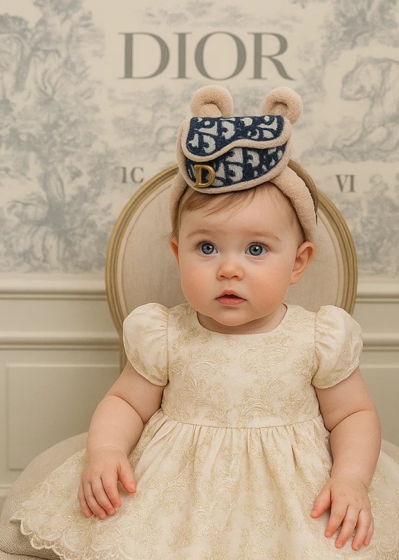 Dior-Inspired White Bouclé Plush Baby Headband with Gold CD Mini Bag