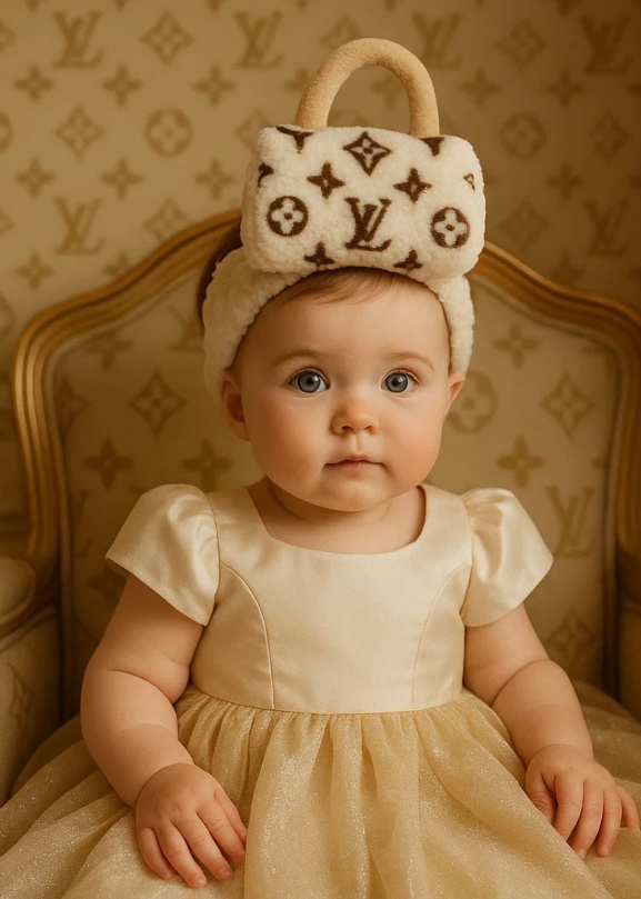 Cute Plush Baby Headband with Detachable Louis Vuitton Inspired Bag - Soft and Cozy Hair Accessory for Infants