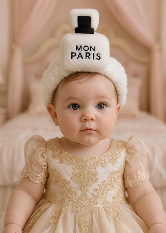 White Plush Bow Baby Headband with Mon Paris Perfume Bottle Design