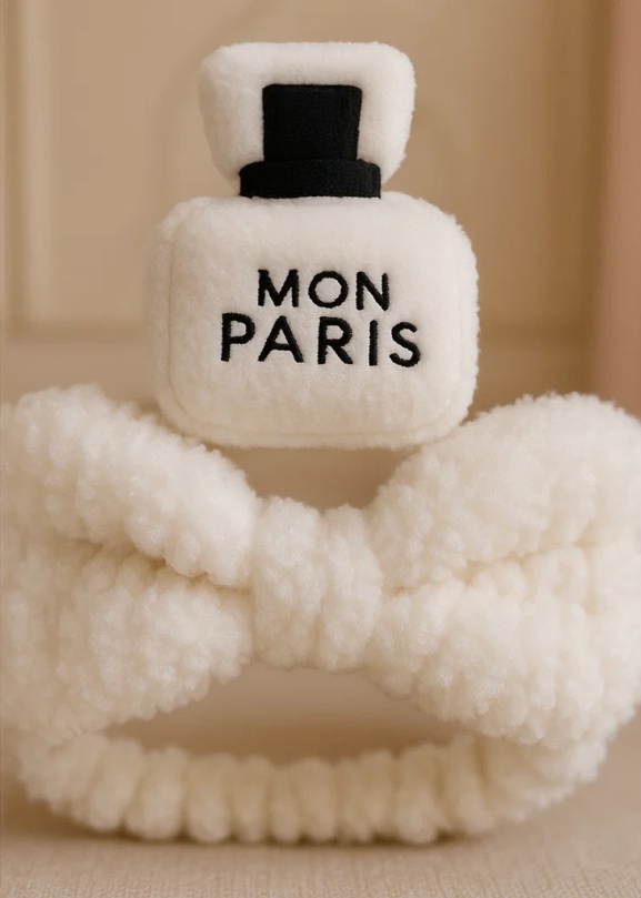 White Plush Bow Baby Headband with Mon Paris Perfume Bottle Design