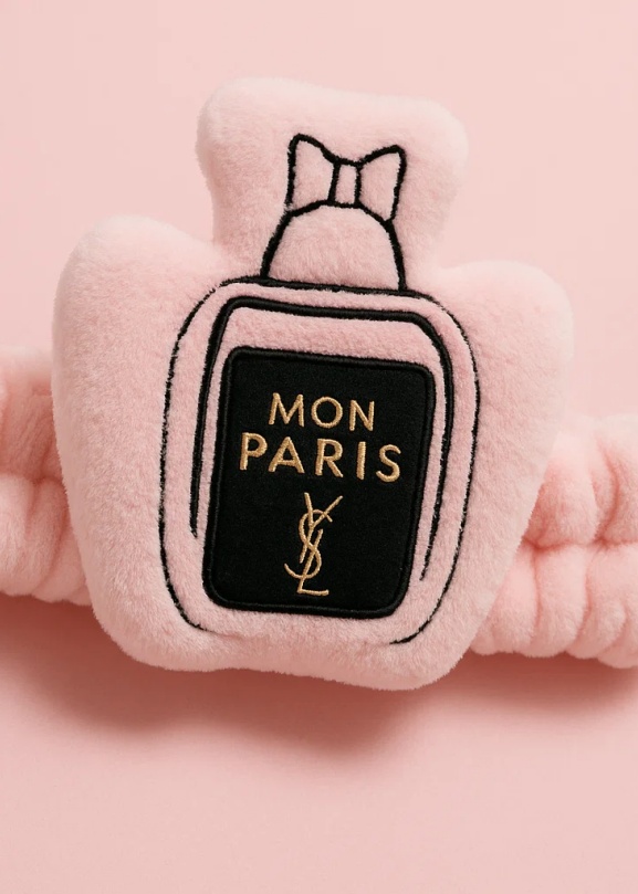 Cinta de cabeza rosa de felpa para bebé con botella de perfume Mon Paris | Accesorio de moda para bebé elegante