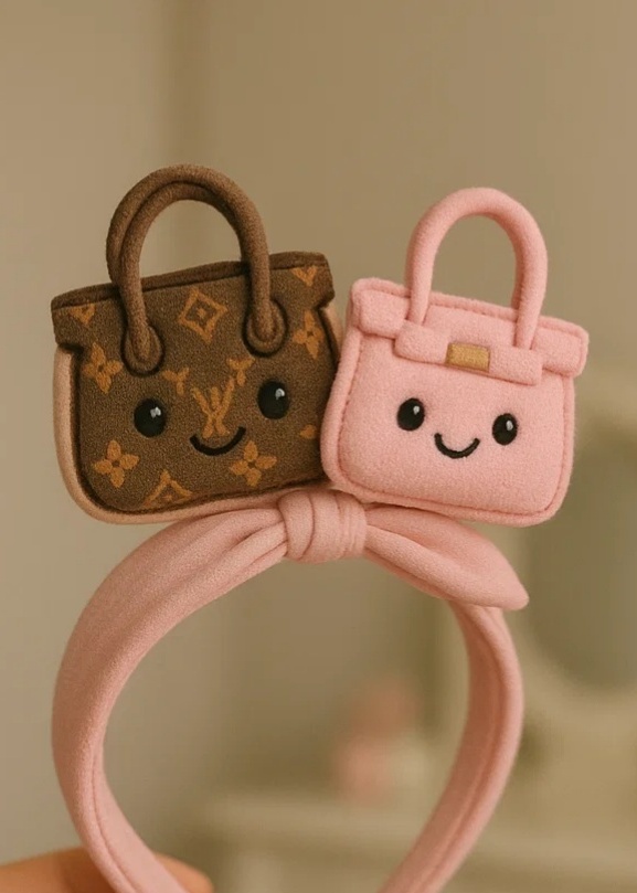 LV Logo & Pink Cartoon Bag Plush Baby Headband – Ultra Soft & Smiling