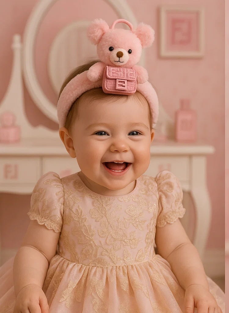 Faixa de Cabelo Chanel Urso de Pelúcia Rosa para Recém-nascidos e Bebês - Acessório fofo para bebês