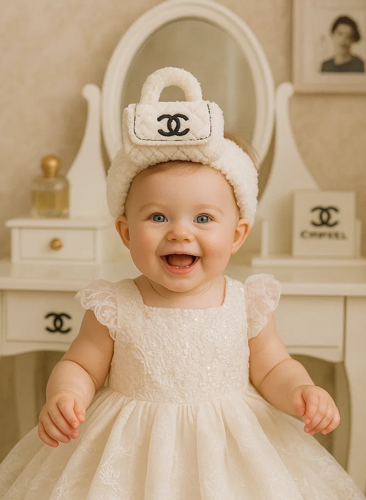 White Chanel Plush Doll Bag Headband for Newborns and Infants - Stylish Baby Accessory